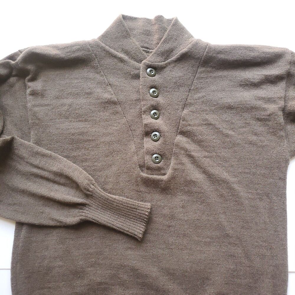 Vintage US Military GI Wool Sweater Mens XL (46-48) Brown 5 Button Henley READ